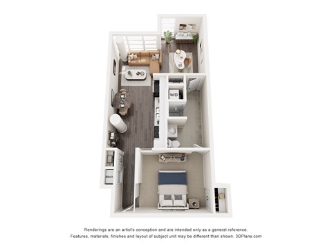 Floor plan for 1 bed, 1 bath, 726 sqft